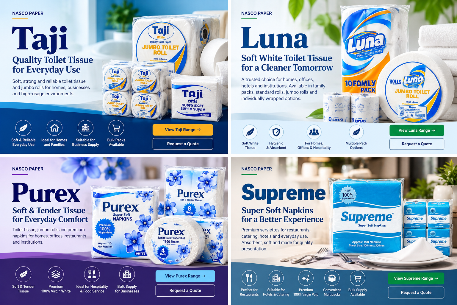 NASCO paper product brands: Taji, Luna, Purex and Supreme