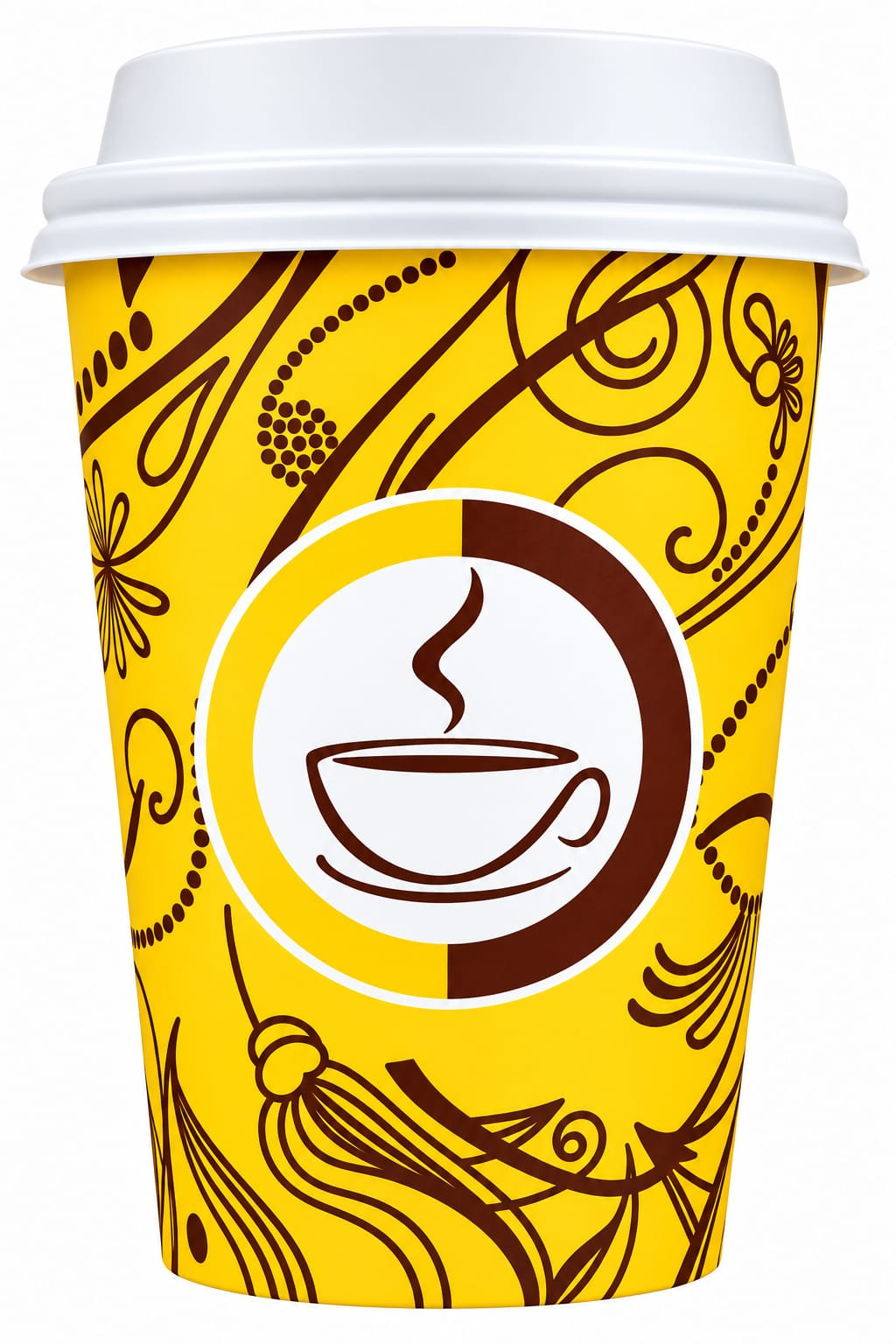 Yellow printed takeaway paper cup with white lid and coffee motif