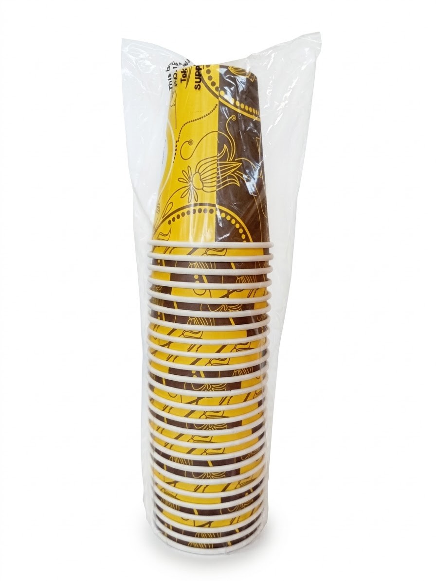 Stack of yellow and brown printed paper cups supplied in protective packaging